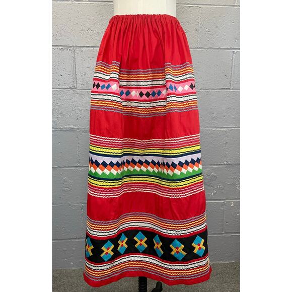 Vintage 1940s 50s Seminole Native American Patchwork Skirt Rick-Rack Red Maxi 0 - Picture 1 of 10